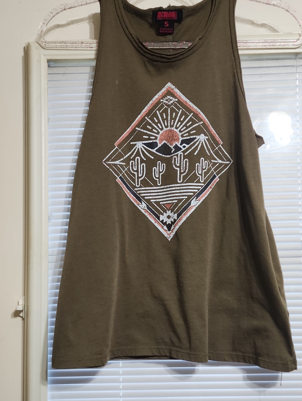 Rock & Roll Cowgirl Olive Green Desert Graphic Tank Top